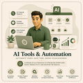 Person using a laptop with AI tools and automation features displayed around them.