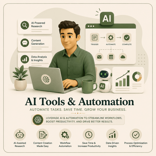 Person using a laptop with AI tools and automation features displayed around them.