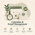 Calendar, envelope, clock, and plant with text 'Calendar & Email Management' on a beige background.