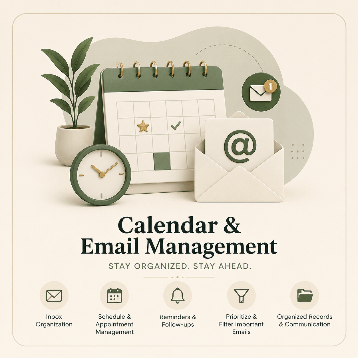 Calendar, envelope, clock, and plant with text 'Calendar & Email Management' on a beige background.