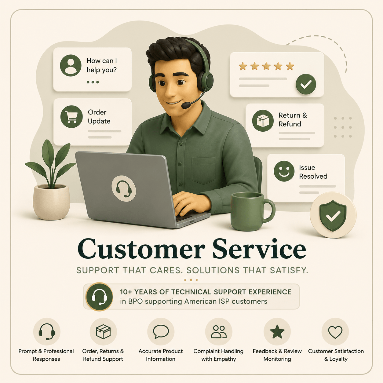 Illustration of a customer service representative with a laptop, surrounded by icons and text about customer service support.