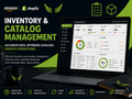 Laptop displaying inventory management software with Amazon and Shopify logos on a dark background.