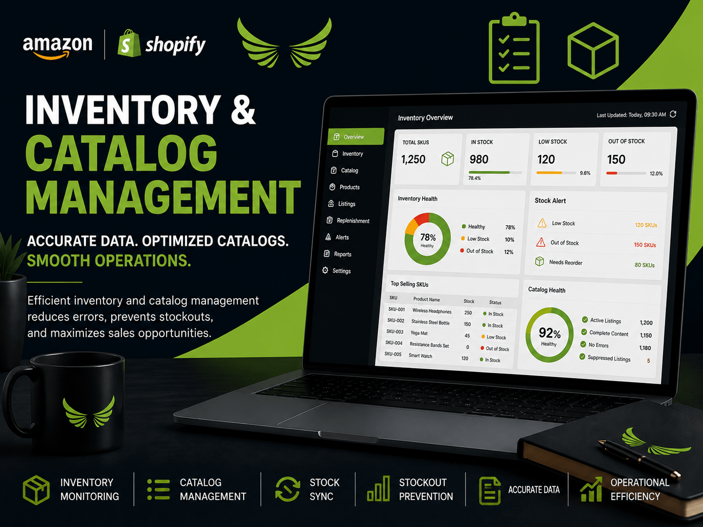 Laptop displaying inventory management software with Amazon and Shopify logos on a dark background.